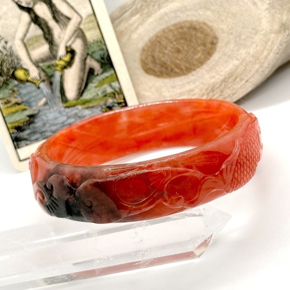 Rare Red Jadeite Jade Hand Carved 62mm Lotus Flower Ruyi Fish Bangle Bracelet - Picture 5 of 8
